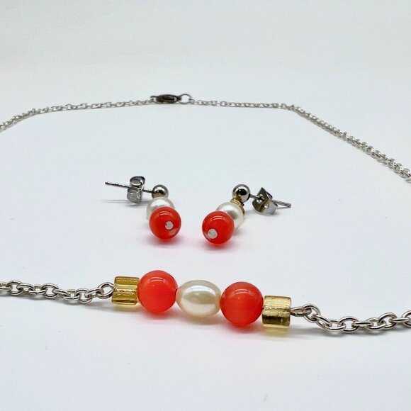 Handmade Orange Bead Faux Pearl Necklace & Earrings Set Gold Accents - Picture 9 of 11